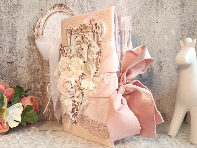 Lace Rose Horse junk journal handmade Cottage core florals journal for sale scrapbook