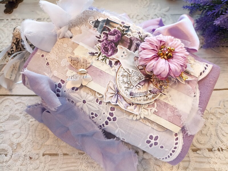 Purple garden cat junk journal handmade Shabby chic teatime journal for sale by BeeHappyjournal