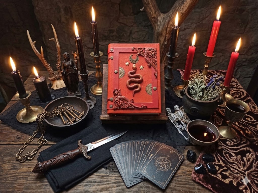 XL Red Witch serpent spell book journal blank Witchcraft snake moon grimoire 8×6 in 600 aged pages