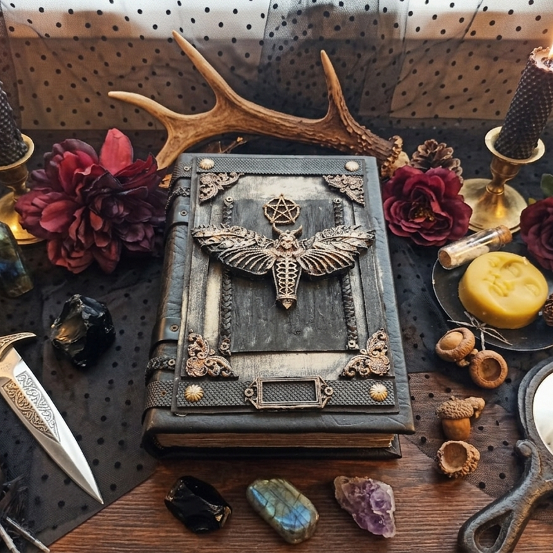 Wicca Moth book of shadow Practical magic spell book Witchcraft pagan grimoire 8×6 in 600 aged pages