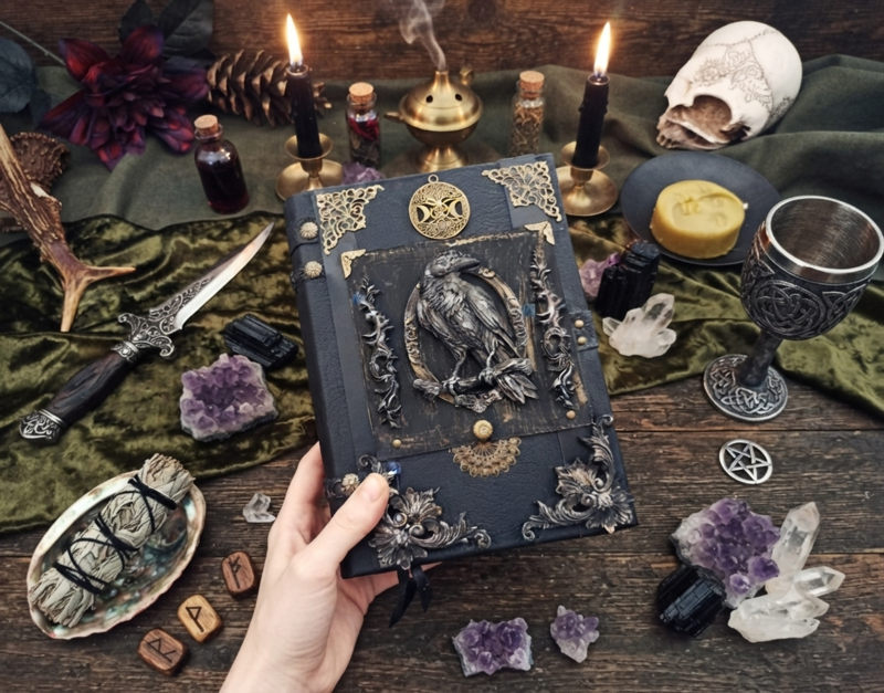 Large Wicca book of shadow Practical magic spell book Witchcraft raven grimoire 8×6 in 600 aged pages