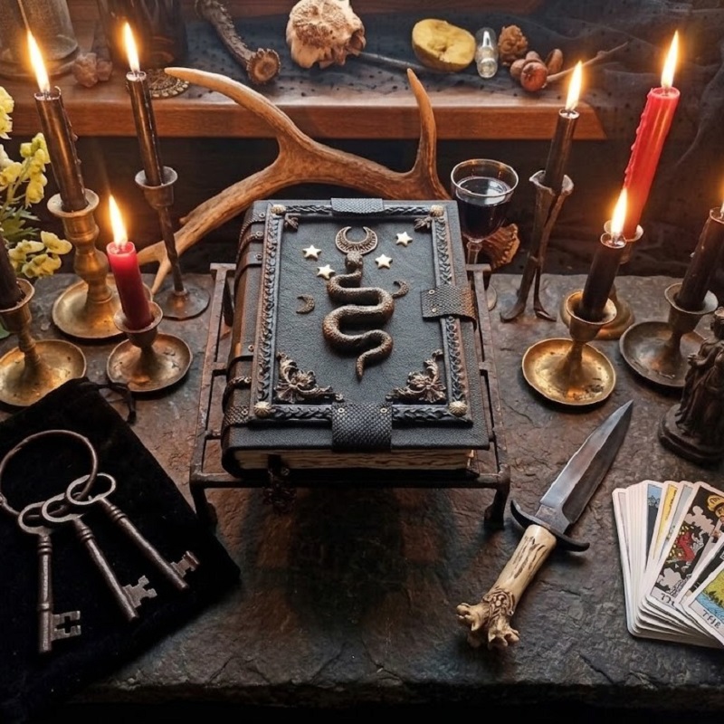 Large Witch spell book journal blank Witchcraft snake moon grimoire 8×6 in 600 aged pages