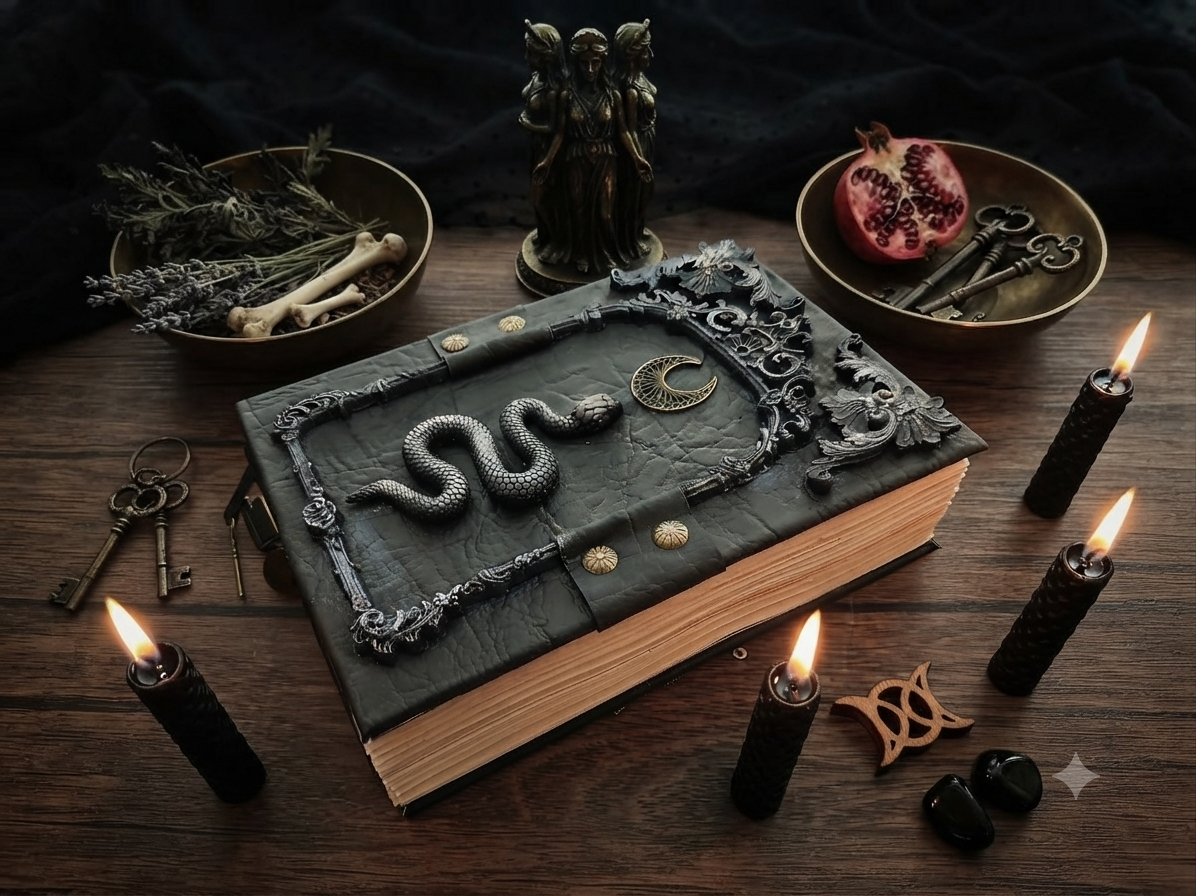 Great Hecate book of shadow Tripple moon witch wicca grimoire 8×6 in 600 aged pages