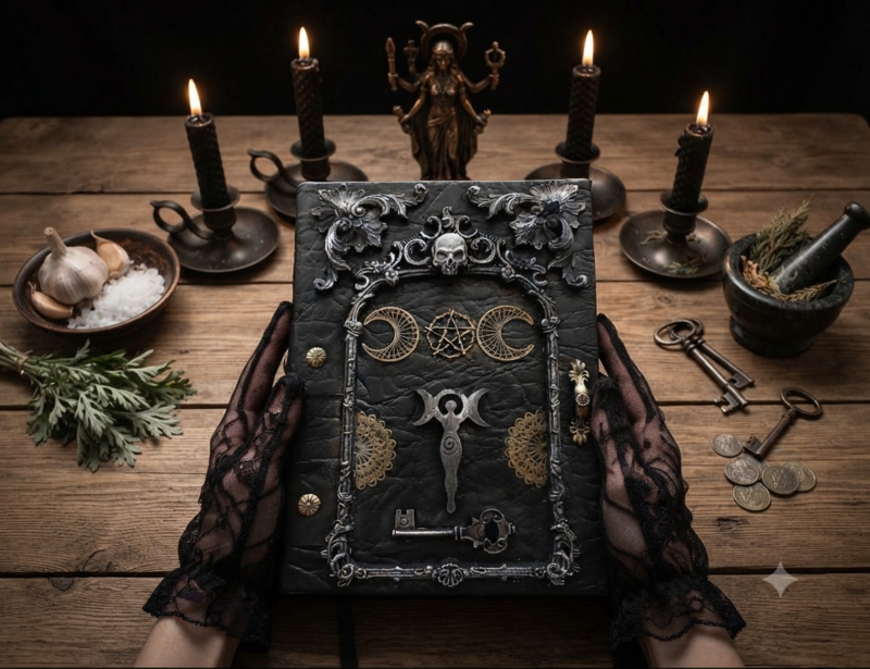 Hecate book of shadow Tripple moon witch spell book Witchcraft grimoire 8×6 in 600 aged pages
