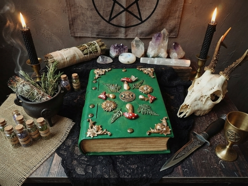 Wicca green book of shadow Practical magic spell book Witchcraft mushrooms grimoire Mabon